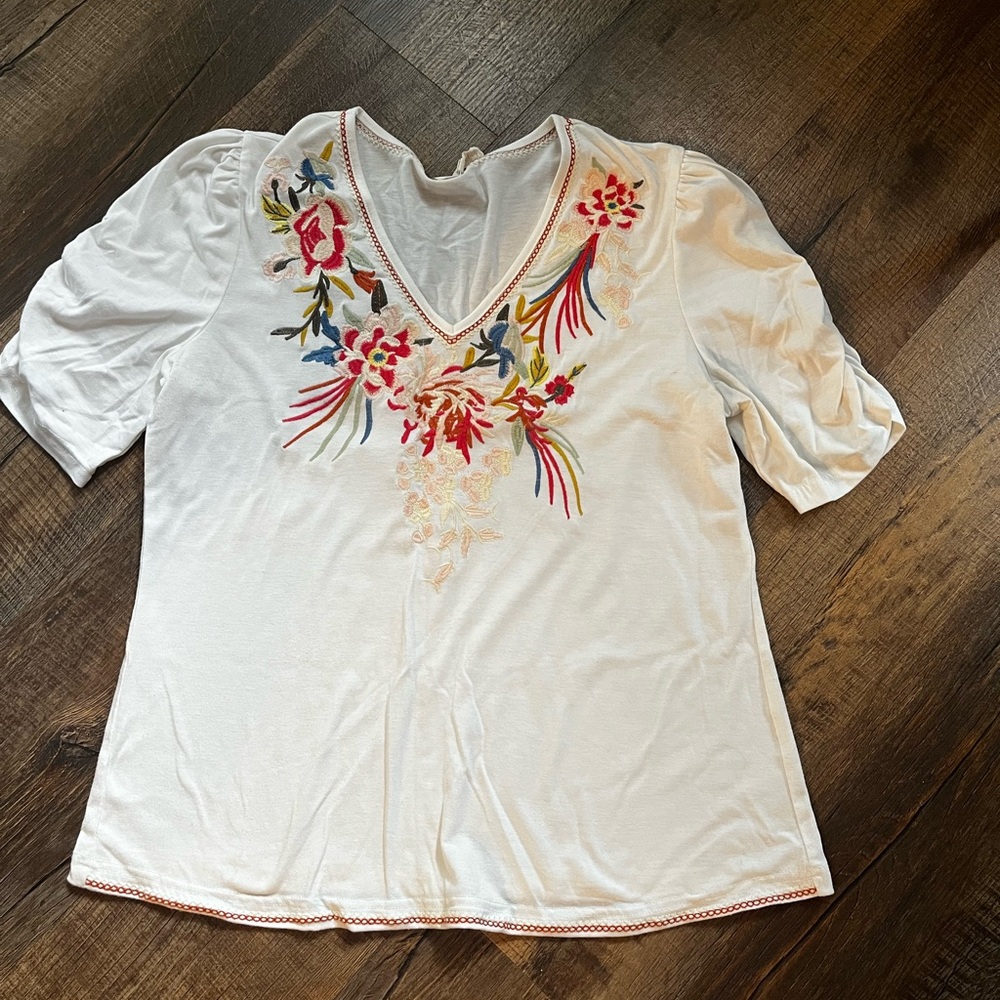 Solitaire White Blouse with Colorful Floral Embroidery